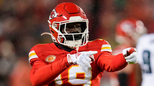 Kansas City Chiefs wide receiver Kadarius Toney (19) celebrates after a first down during the first half against the Philadelphia Eagles at GEHA Field at Arrowhead Stadium. 